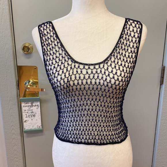 Denial Tops - Beaded Crochet Blue Iridescent Tank Top by Denial - OS